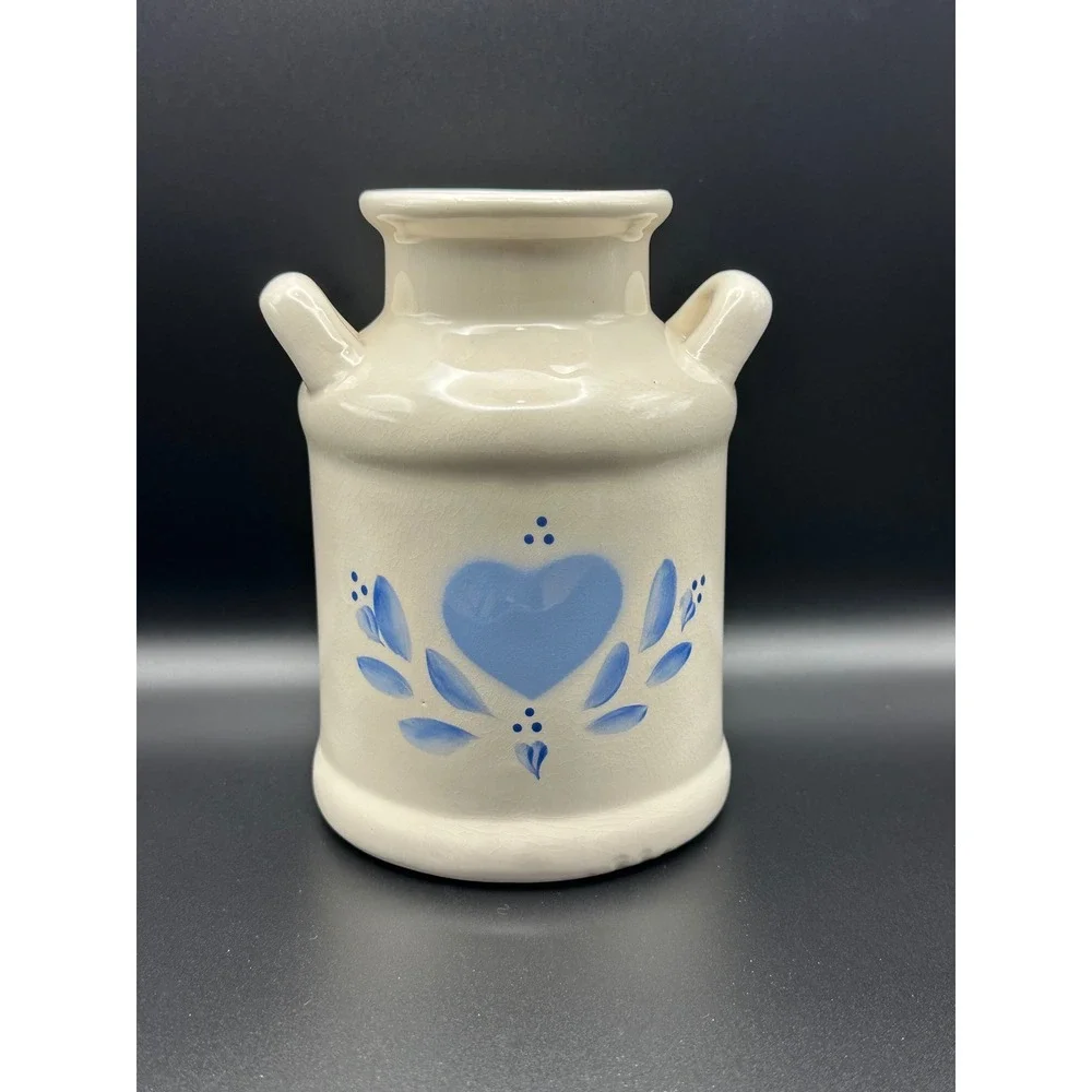 Lasting Products Vintage Ceramic Milk Can Vase Hand Painted Blue Heart Farmhouse